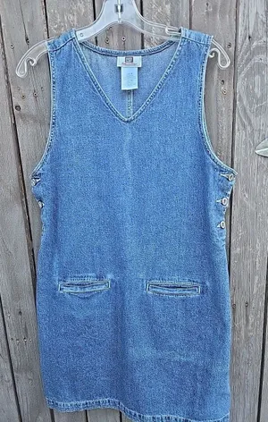 Vintage 90s Denim Jumper Dress Faded Glory Blue Sleeveless Pinafore Button Side thumbnail 1