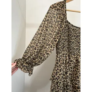 Entro Leopard Print Smocked Tiered Midi Dress SzL thumbnail 3