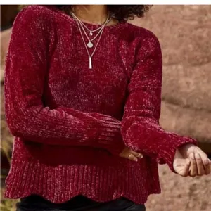 Altar’d State Red Chenille Cabincore Scalloped Hem Sweater Small thumbnail 1