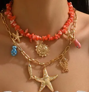 🪼🪼🪼BOGOHO🪼🪼🪼Gold and Coral Starfish Charm Necklace thumbnail 1