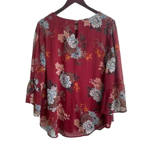 Luxology‎ Women Cottage Top XL Burgundy Floral Bell Sleeve Peasant Boho Romantic thumbnail 2