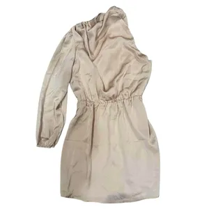 Commense Satin Elegant Asymmetrical One Sleeve Pleated Draped Dress Apricot S thumbnail 2