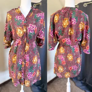 Champagne & Strawberry Silk Floral Paisley Mini Dress Womens Small Burgundy Boho thumbnail 2