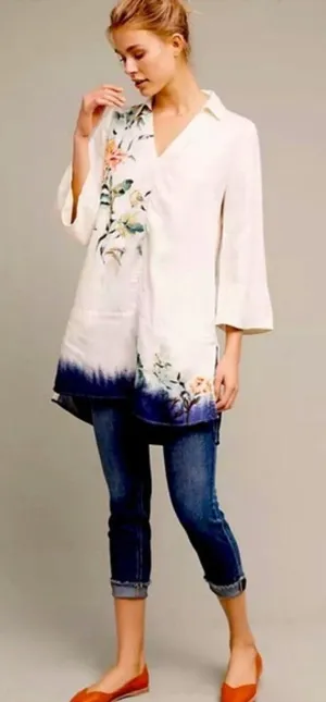 Anthropologie‎ Maeve Cream Floral Watercolor Linen Blend Tunic Top thumbnail 1