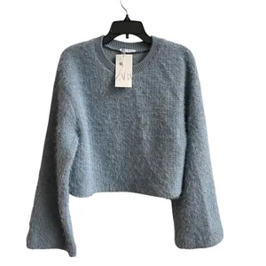 ZARA Fuzzy Knit Sweater Blue Long Bell Sleeves Cropped Top‎ Women's Large NWT thumbnail 2