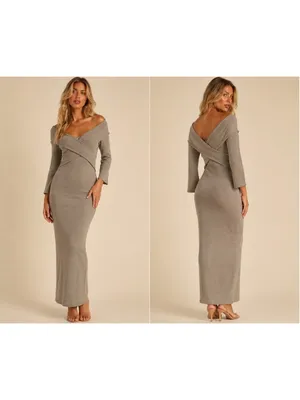 Pretty Lavish Bodycon Midi Dress Taupe Off Shoulder Knit Neutral Quiet Luxur NEW thumbnail 2