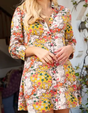 Natural Life Shirt Dress Floral Retro Womens Size Large Orange Cream thumbnail 1