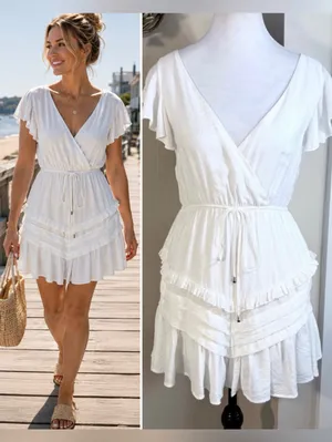 SAINTS & SECRETS White Ruffle Dress Waist Tie Open Tie Back Flutter Sleeve~M💚 thumbnail 2