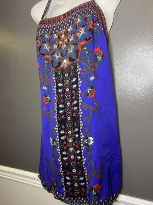 Ecote Dress Womens Large Blue Floral Criss Cross Back Slip Sundress Strappy Boho thumbnail 4