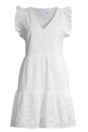 Time and Tru Women’s White Eyelet V-Neck Ruffle Sleeve Sundress Size Large 12/14 thumbnail 1