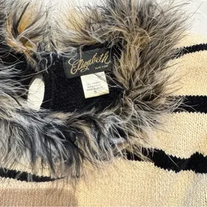 Elizabeth New York Tan Black Fuzzy Collar Rare Vintage Sweater Top Small thumbnail 4