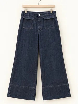 Zara Y2K Dark Wash High Rise Palazzo Wide Leg Patch Pocket Jeans 26” Inseam Crop thumbnail 4