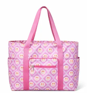 NWT Katydid Pink Smiley Face Oversized Foldable Tote Bag Large Travel Beach Gym thumbnail 1