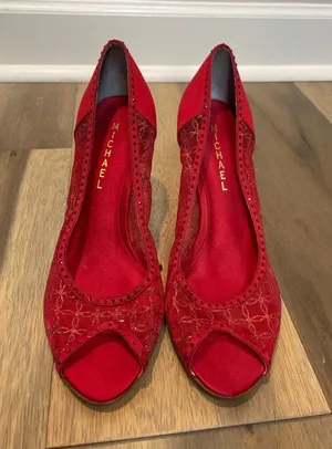 Michael Peep Toe Heels Red Mesh & Sequin Detail Size 8 Leather Sole 3 Inch Heel thumbnail 1
