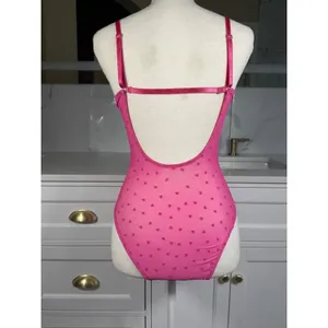 Pink Lace Teddy Bodysuit Womens Large Heart Print Sheer Mesh Underwire Lingerie thumbnail 4