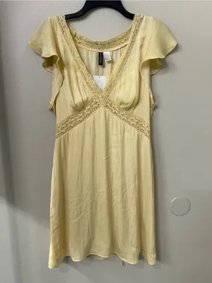 H&M Lace-Trim V-Neck Mini Dress in Light Yellow Sz L thumbnail 4