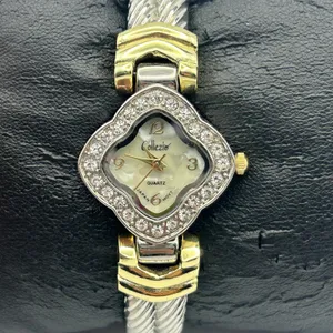 Collezie Two-tone Mother Pearl Dial Crystal Bezel Womens Cuff Watch New Battery thumbnail 2