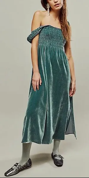 Free People Camille Midi Dress Velvet Smocked Boho Sapphire Women's Size: XS thumbnail 1