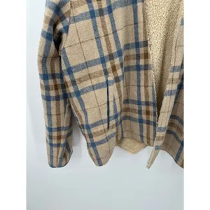 Entro Women Tan Blue Plaid Open Front Fur Lined‎ Shacket Hood Wool Blend Size L thumbnail 3