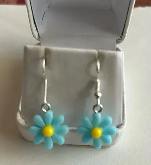 3/$20 Blue and Yellow Silver Plated Flower Floral Groovy Dangling Drop Earrings thumbnail 1
