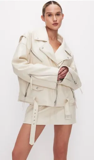 Good American Oversized Faux‎ Leather Moto Jacket- White Womens XXS thumbnail 1