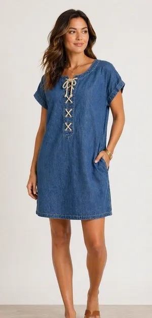 NWT Polo Ralph Lauren Denim Dress Womens 10 Lace Up Bust Blue Chambray Boho thumbnail 1