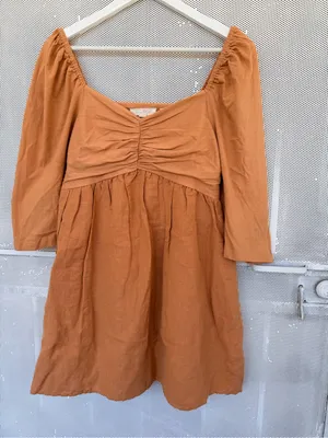 X Anthropologie heavy Linen Puff-Sleeve Midi Dress in Rust Brown thumbnail 2