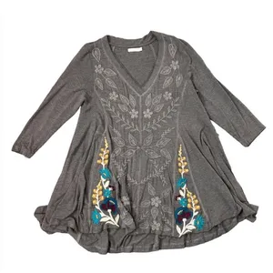 Caite Embroidered Tunic Top Size XL Gray 3/4 Sleeves Stretchy Soft Relaxed Boho thumbnail 1