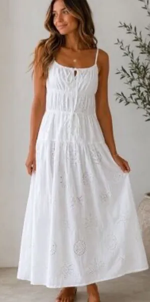 Sim & Sam Eyelet Dress Beachy Seashell Sun Star Nautical White Milkmaid Pockets thumbnail 1