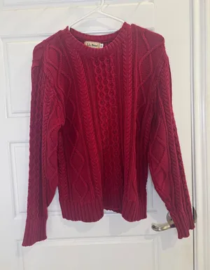 Vintage L.L.Bean Cable Knit Sweater M Made USA 100% Cotton Burgundy thumbnail 1