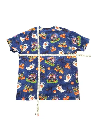 Vintage 90’s Halloween Scrub Top Small Haunted House Ghost Pumpkin Witch V-Neck thumbnail 9