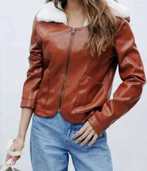 Jules Kae Brown Faux Leather Jacket with White Collar - NWOT - Size M thumbnail 1