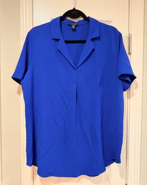 NWOT Hilary Radley Size M Blue Short Sleeve Collared V Neck Tunic Blouse Top thumbnail 1