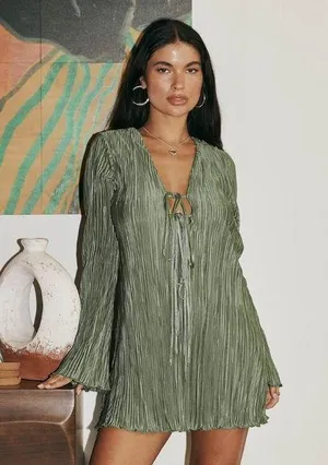 Princess Polly Malop long sleeve mini dress sage thumbnail 1