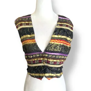 Vintage Vest Eclectic Lace Ribbon Trimmed Boho Cropped Waistcoat Art To Wear thumbnail 12