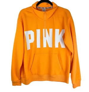 PINK Victoria’s Secret Orange Spellout Quarter Zip Sweatshirt Sz Medium thumbnail 1