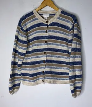 Vintage Christopher & Banks Blue Tan Brown Stripe Crew Neck Cardigan‎ Large thumbnail 1