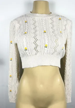 Zara Crop Embroidered Sweater Sz S Cream Flowers thumbnail 1