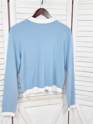 Emerson Lang Cardigan Sweater Button Front Contrast Trim Blue White Medium thumbnail 8