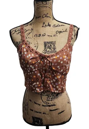 LA Hearts Brown Floral‎ Crop Top Lace Up Corset Style Tank Cami Size S thumbnail 1