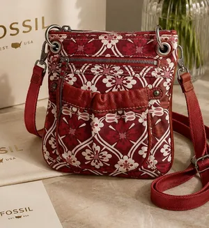 Fossil‎ Red Floral Canvas Leather Trim Crossbody Bag Small Messenger Purse thumbnail 1