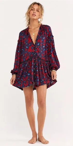 NEW Free People Red Floral Bohemian Keyhole Long Sleeve Mini Dress LRG Tunic thumbnail 1