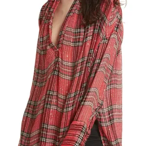 Free People Fearless Love Tunic Top XS Red Plaid Bell Sleeve Boho thumbnail 2