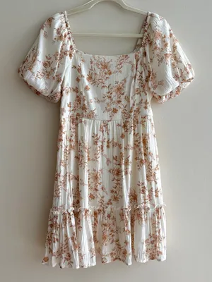 Blu Pepper Floral Puff Sleeve Mini Dress, White/Brown, Size Medium thumbnail 1