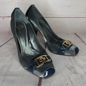 Gracienne Vintage Size‎ 8 Pumps High Heels Patent Leather Blue Silver thumbnail 2