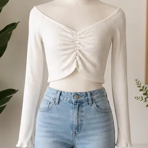 Tiger Mist Womens Crop Top White Ribbed Ruched Off Shoulder Long Sleeve Size S thumbnail 1