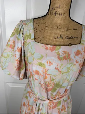 Gibson Latimer Floral Puff Sleeve Midi Dress Belted Size L thumbnail 3