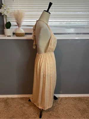 Surf Gypsy Halter Maxi Dress Size M Boho Gold Shimmer Backless Tassel thumbnail 6