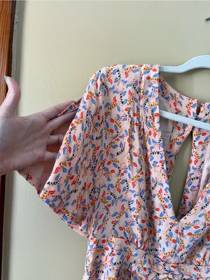 Free People Blush Pink Floral Print Romper with Blue & Red Accents thumbnail 3