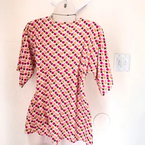 2000s Y2K Soprano Pink brown multicolor polka dot wrap v-neck belted waist top blouse short sleeve colorful thumbnail 2